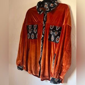 Rust Velvet Button-Up Shirt with Aztec Trim XL